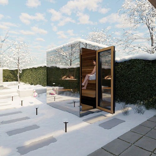 ThermaSol Vue Sauna Cabin Fully Assembled Outdoor Sauna, Mirrored Glass, Up to 4 Persons - West Coast Saunas - 14-VUEDL