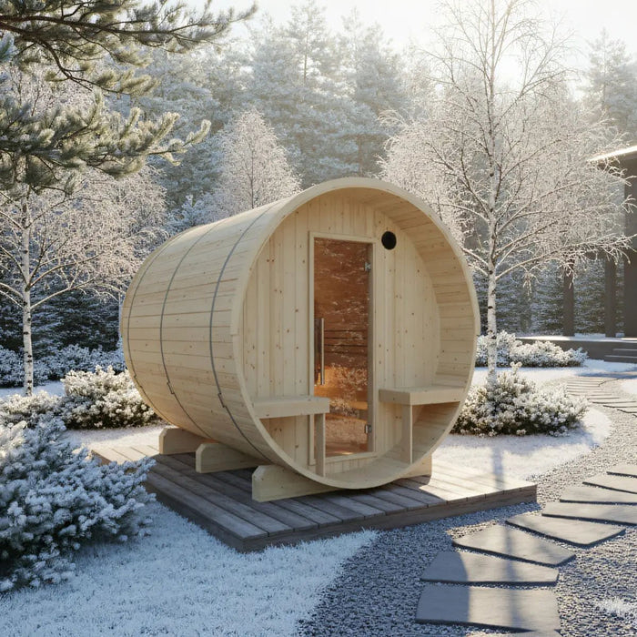 Turku Finnish Barrel Sauna with Terrace and WiFi Heater - Finnish Sauna Builders - West Coast Saunas - sku-47595062264049