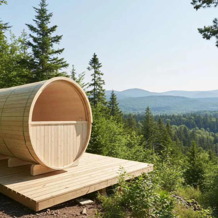 Turku Finnish Barrel Sauna with Terrace and WiFi Heater - Finnish Sauna Builders - West Coast Saunas - sku-47595062264049