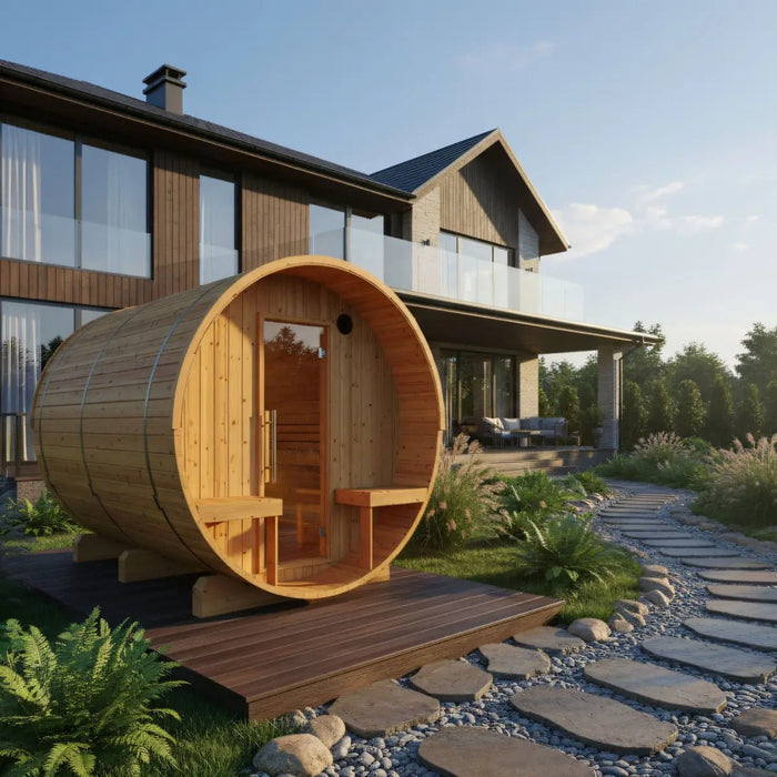 Turku Finnish Barrel Sauna with Terrace and WiFi Heater - Finnish Sauna Builders - West Coast Saunas - sku-47595062264049