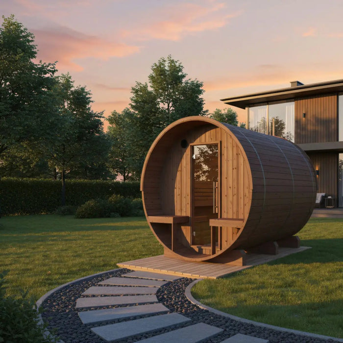 Turku Finnish Barrel Sauna with Terrace and WiFi Heater - Finnish Sauna Builders - West Coast Saunas - sku-47595062264049