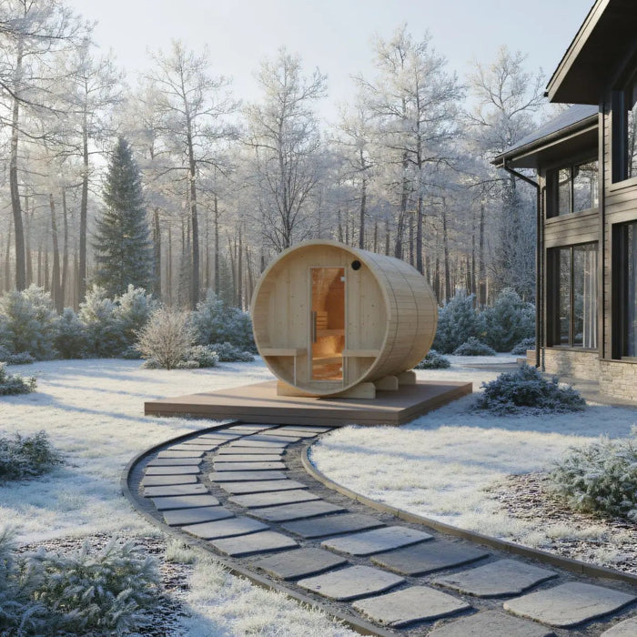 Turku Finnish Barrel Sauna with Terrace and WiFi Heater - Finnish Sauna Builders - West Coast Saunas - sku-47595062264049