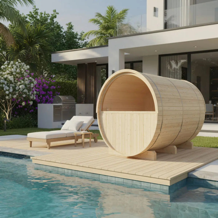 Turku Finnish Barrel Sauna with Terrace and WiFi Heater - Finnish Sauna Builders - West Coast Saunas - sku-47595062264049