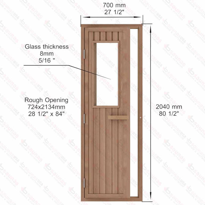 Western Red Cedar Door With Glass Window, 700x2040mm (27 1/2″ x 80 1/2″) - West Coast Saunas - BSAURCDWWRH