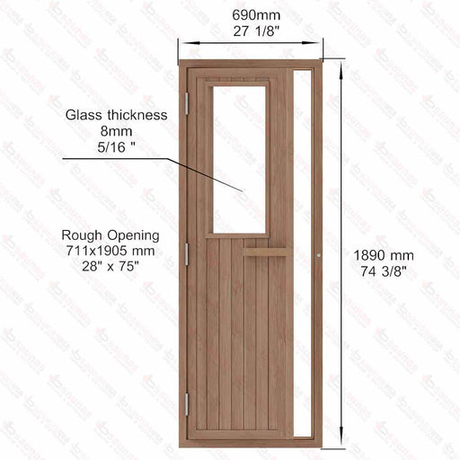 Western Red Cedar Sauna Door With Glass Window, 690×1890 mm (27 1/8″ x 74 3/8″) - West Coast Saunas - BSAUNAWRCGWDL