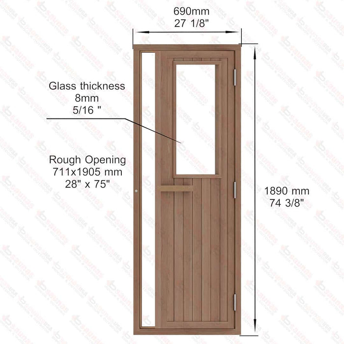 Western Red Cedar Sauna Door With Glass Window, 690×1890 mm (27 1/8″ x 74 3/8″) - West Coast Saunas - BSAUNAWRCGWDR
